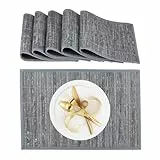 Relaxdays Tischset, 6er Set, Bambus, Stoffrand, rutschhemmend, 45 x 30 cm, Teller, Esstisch, eckiges Platzset, grau