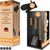 BLACK OAK Kaminbesteck ASPEN 4-teilig mit Lederhandschuh - praktisches & repräsentatives Ofenbesteck Set schwarz mit Holzgriff 4 teilig Ständer + Schürhaken Ascheschaufel Kaminbesen Ofenzubehör