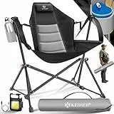 KESSER® Campingstuhl faltbar Schaukelstuhl bis 160 kg | Angelstuhl Faltstuhl Klappstuhl Gepolstert mit hoher Rückenlehne | Inkl. Campinglicht & Getränkehalter | Strandstuhl mit Wippfunktion, Grau