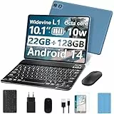 fezawio Android 14 Tablet 10 Zoll 22GB RAM+128GB ROM Octa-Core Tablet 5G WiFi, Mit Tastatur Maus, 8000mAh, (1TB TF) Mit HüLle-Blau