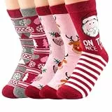 Maxmoc 5 Paare Weihnachtssocken, Weihnachtssocken Damen 35-40, Lustige Socken mit Bunte Gemusterte, Witzige Socken Weihnachten, Warme Wintersocken für Frauen Mädchen Weihnachts Geschenke