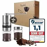 Morgenheld Kaffeemühle manuell aus Edelstahl 2 Glas Behälter – 6 Mahlgrade (Espresso bis Cold Brew) – Handkaffeemühle für Reisen - Kaffee Handmühle für zu Hause – Kaffeemühle Hand mit Geschenkbox