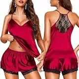 RSLOVE Satin Schlafanzug Damen Kurz - Sexy Silk Pyjama Set 2-Teiliges Nachtwäsche Weinrot M