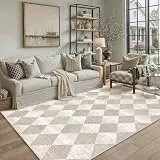 PureCozy Teppich Wohnzimmer 160x230cm Beige Schlafzimmer Moderne Kariert Weich Carpet Waschbarer rutschfest Teppiche Esszimmer BüRo Kurzflor Groß Rug Rautenmuster Geometrisches