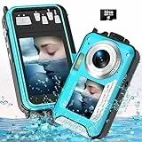 Unterwasserkamera, YISENCE UHD 4K 56MP Autofocus Digitalkamera wasserdichte mit Einer 32GB Karte Selfie Doppelte Bildschirme wasserdichte Kamera zum Schnorcheln