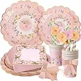 SUNBEAUTY 16 Gäste Blumen Partygeschirr Set, Pappteller Rosa Gartenparty Deko Geschirrset mit Blumen Pappteller, Pappbecher, Servietten und Strohhalme für Mädchen Party Deko Kinder Geburtstag