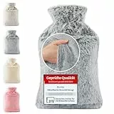 Blumtal Premium Wärmflasche mit Bezug & Tasche aus weichem Kunstfell - Wärmeflasche aus Naturkautschuk - Wärmflasche mit Handwärmer - Wärmflasche mit Tasche für Hände - auslaufsichere Bettflasche Grau