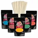 Zuckerwatte Zucker Set 5 Sorten à 200g + 50 Stäbe – Aromazucker für Zuckerwattemaschine – Bubblegum, Erdbeere, Apfel, Vanille, Kirsche – Partyzucker für Kindergeburtstag, Jahrmarkt & Feste