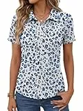 IECCP Poloshirts für Damen Kurzarm Polohemd Schnelltrocknend Golf Polo Tennis Shirts Leicht Atmungsaktiv Tops Workout Sommershirts 2026 mit 3-Knopfleiste(Hellblauer Leopard,XL)