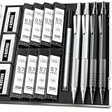 Four Candies 4 Stück Metall-Druckbleistift-Set mit Etui, 0,5 mm und 0,7 mm 8 Tuben (480 Stück) HB-Minenmine, 3 Radiergummis, 9 Radiergummi-Nachfüllungen zum, Zeichnen, Zeichnen, Schwarz und Silbe