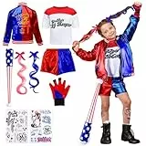 Luclay Kostüme Kinder- Mädchen Bösewicht Kostüm Cosplay Suicide Clown Kostüm Kit mit Jacke, T-Shirt, Shorts, Handschuh Perücken Tattoo Baseballschläger für Karneval Cosplay Faschings Halloween 120