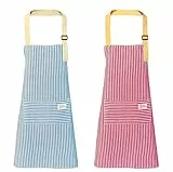 qipuneky 2er Set Küchenschürze Damen, Kochschürze mit Tasche, Schürze aus Baumwolle Leinen, zum Kochen, Backen, Malen, Hausarbeiten