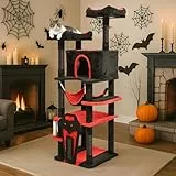 BYBYME Gothic-Kratzbaum für Halloween, 158 cm hohes und stabiles Katzenmöbel-Set mit Katzenbett und Katzenhaus, Sisal-bezogenen Pfosten, multifunktionaler Katzenspielturm mit Hängematte (Schwarz Rot)