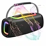 Tragbarer Bluetooth Lautsprecher mit Griff, 66MM Sprecherdurchmesser, BT5.4/60W/IP-X6 Wasserdicht Drahtloser Stereo-Kopplungslautsprecher mit RGB Multi-Color-Rhythmus-Lichter für Zuhause/Outdoor/Party