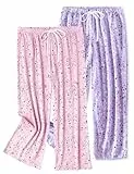 ENJOYNIGHT Damen Schlafanzughose 3/4 Lang Pyjamahose Baumwolle Nachtwäsche Schlafhose mit Kordelzug (X-Large,Lila+Rosa)