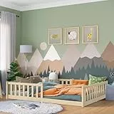 Bellabino Vere Bodenbett 140x200 cm – Montessori Kinderbett mit Rausfallschutz & Lattenrost – Massives Kinder Bett für Jungen & Mädchen aus Holz Kiefer – Kleinkindbett in Natur