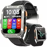 IOWODO Militär-Smartwatch mit GPS & Taschenlampe| ChatGPT | 7 Tage Akku |Bluetooth Telefonie & 100+ Sportmodi | 900mAh/100 Tage Standby | Kompass & 2 Bänder | IP68 Wasserdicht | Für Android & iOS