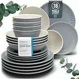 Steingut Geschirrset 4 Personen Hygge 16 tlg. TESTSIEGER, Traumhaftes Skandinavisches Steingut Geschirr Set, Schüssel- und Teller Set, Tafelservice 4 Personen, Geschirrsets Pure Living in Graublau