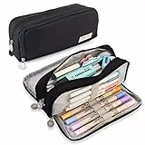 iSuperb Großes Federmäppchen mit 3 Fächern, großes Fassungsvermögen, Oxford-Schreibwaren, Aufbewahrung, Stifttasche, Kosmetik, Make-up-Tasche für Frauen, Schwarz, Modern