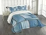 ABAKUHAUS Land Tagesdecke Set, Denim Patchwork-Muster, Set mit Kissenbezug Maschienenwaschbar, für Einzelbetten 170 x 220 cm,Blass Azur Blau