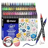 Artecho Acrylstifte 60 Farben, 0.5-5mm Wasserfester Dual Tip Marker (Pinsel und feine Spitze), mit doppelten Enden für Rock Painting, Glas, Papier, Holz, Ei, Leinwand, Keramik, Stoff, DIY Crafts