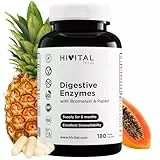 Verdauungsenzyme. 180 vegane Kapseln für eine 6-monatige Kur. Amylase, Protease, Laktase, Lipase, Cellulase, Bromelain und Papain. Hergestellt von HIVITAL