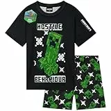 Minecraft Pyjama Jungen 7-14 Jahre, 2-Teilig Sommer Kurz Schlafanzug Kinder mit Weich Kurzarm T-Shirt, Gamer Geschenke für Kinder (9-10 Jahre, Schwarz, 1 er-Pack)