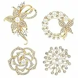 4 Stück Brosche Damen, Elegante Brosche Gold mit Strass und Perlen, Gold Girlande Broschen für Schal, Mantel, Kleidung