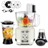 Homtone Küchenmaschine Elektrisch 10-in-1, 1000W Food Processor mit 1,5L Glasmixer & 3L Schüssel zum Schneiden, Hacken, Raspeln, Mixen, Pürieren & Teig, 6 Voreinstellungen, den Heimgebrauch, Weiß