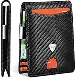 WONSEFOO Geldbörse Herren Slim RFID-Blockierung Kohlefaserleder Portmonee mit 12 Kreditkartenfächern, Geldscheinklammer, minimalistischer Bi-Fold Geldbörse mit Geschenkbox - Schwarz