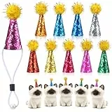 LXUEJIE 10 Stück Mini Partyhüte für Kuscheltiere, Miniatur Blitzkappe Verstellbare Glitzer-Partyhüte mit Pompons Bunt Geburtstagshut Kegel Hat für Puppenhäuser Miniatur Tiermodelle Plüschtiere (2*6cm)