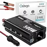 Odoga Wechselrichter 12V auf 230V – 500W Spannungswandler, Stromwandler mit 3A USB-A & USB-C Anschlüsse, Inverter 12V 220V, Auto Steckdose – Laden Sie Ihr Laptop, iPad, iPhone, Tablet Und Mehr