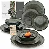 SÄNGER | Teller Set Kopenhagen 12 tlg, Steingut Geschirr Set 4 Personen, Tafelservice inkl. Essteller Frühstücksteller & Tiefe Teller, Speiseteller Set Spülmaschinenfest Grün Grau | PREMIUM COLLECTION