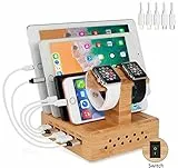 Yisen Handy Ausholz Bambus USB Ladestation, Universell Ladegerät Dockingstation，DIY Assemble Organizer Holder für Apple iWatch/iPhone/iPad/Cellphone/Tablets(PAL Power Kable)