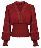 SCARLET DARKNESS 2025 Frühling Sommer Mittelalter Trachtenbluse Gesmokt Taille Hollow Out Carmenbluse Rotwein M