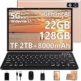 2026 Neueste Tablet 10 Zoll Android Tablet,22GB RAM+128GB ROM/1TB TF, Octa-Core, 2.0GHz,5G+2.4G WiFi, BT 5.0, 8000mAh, Widevine L1,8+5MP, AGPS, 2 in 1 Tablet PC Mit Tastatur und Maus-Roségold