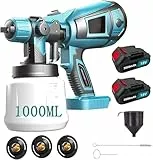 Akku Farbsprühsystem, Kompatibel mit Makita mit 2X 3000mAh Akku und Ladegerä,18V Elektro Lackierpistole mit 3 Düsen, 3 Spritzmuster,mit Abnehmbarem 1000ml-Farbeimer, zum Streichen