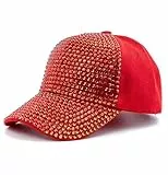 Gudessly Baseballkappe für Damen, Nieten, Strasssteine, verstellbar, einfarbig, glitzernd, Denim-Sonnenhut, Hellrote Kappe, 7-7 1/2