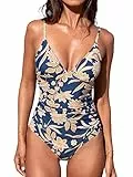 CUPSHE Damen Badeanzug Triangel V Ausschnitt Bauchweg Raffungen Paisleyprint Einteilige Bademode Swimsuit Marineblau Paisleymuster M
