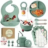O'doe Baby Entwöhnungsset - 15-teiliges Silikon-Fütterungsset mit Saugnapf, Schüssel, Lätzchen, Schnabeltasse, Obst-Futterspender, Gefriertablett - Babyteller und Schalen Set - Grün - BPA-frei