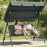 Suusolny 3-Sitzer Hollywoodschaukel, Wetterfeste Gartenschaukel mit Sonnendach & Sitzauflage, Stabil Stahlgestell, UV-Schutz, bis 200 kg Belastbar, Garten-Schaukelbank 176x110x152cm, Anthrazit