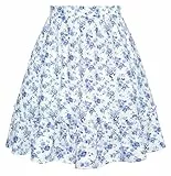 Damen Blumen Rock Retro Elegant Hohe Taille Ausgestellter Mini Skater Weiß Blau Blumen L
