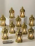 LED Mini Laternen mit Fernbedienung Timer 2/4/6/8H 10er Set Gold Vintage Kerzenlaterne ABS Glas mit flackernde Kerzen für Hochzeit Tischdeko Ramadan Weihnachten Outdoor Balkon