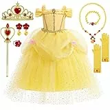 YYDSXK Prinzessin Kleid Mädchen, Belle Kostüm Mädchen mit Krone Zauberstab Halsketten Set, Faschingskostüme Kinder Belle Prinzessin Kostüm Mädchen für Karneval Cosplay Geburtstagsfeier