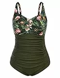 Hanna Nikole Damen Große Größen Monokinis Strandmode Ärmellos Stylischer Einteilige Swimsuit Olivgrüne Blume 44