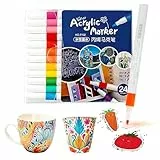 taobosec Acrylstifte für Steine Wasserfest 24 Farben 2mm Permanent Marker Steine Bemalen Acrylstifte Wasserfest Acrylic Paint Marker für Holz/Ei/DIY Fotoalbum/Keramik/Leinwand/Glas