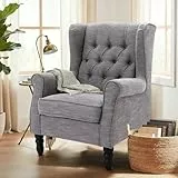 COLAMY Mid-Century Modern Sessel Wohnzimmer, Gepolsterter Wingback-Sessel mit Knopfsteppung, loungesessel Bezug aus Gewebe mit Massivholzbeinen für Wohnzimmer, Büro, Café - Dunkelgrau
