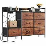 YITAHOME Kommode Schlafzimmer mit 7 Stoffschubladen, Kommode mit 2 Steckdosen, 2 USB-Anschlüssen, TV-Schrank mit seitlichen Haken,Braun