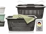 Hausfelder Wäschekorb mit Henkel 2er Set, 35L Wäschewanne Schwarz mit Tragegriff, Kunststoff Wäschekörbe groß mit Griff, 58x37x25cm, Anthrazit (2 Körbe)
