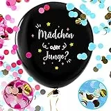 Balloono Gender Reveal Balloon (91cm) ● Komplett-Set mit Konfetti, Nadel, Fahnen und Schleife ● Einfaches Befüllen und geeignet für Helium ● Gender Reveal Party